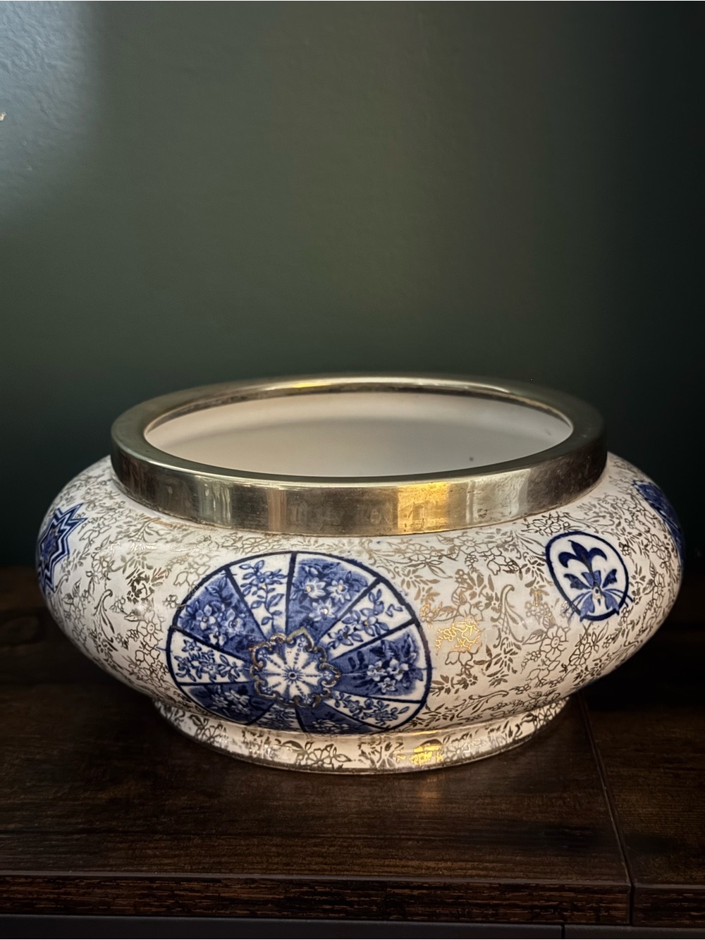Antique James Kent Fenton Osaka Flow Blue Bowl EPNS Silver Rim Circa 1900's